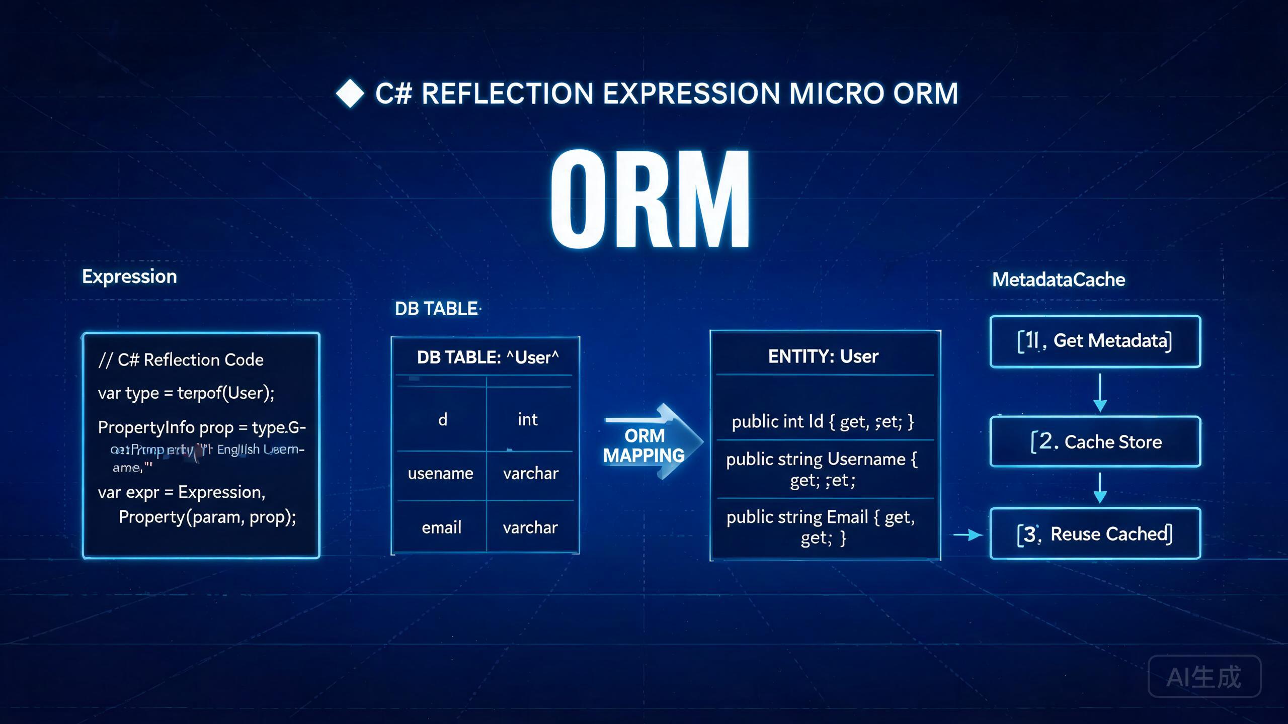 C# 反射表达式微型 ORM：MetadataCache 元数据驱动的 CRUD 实现